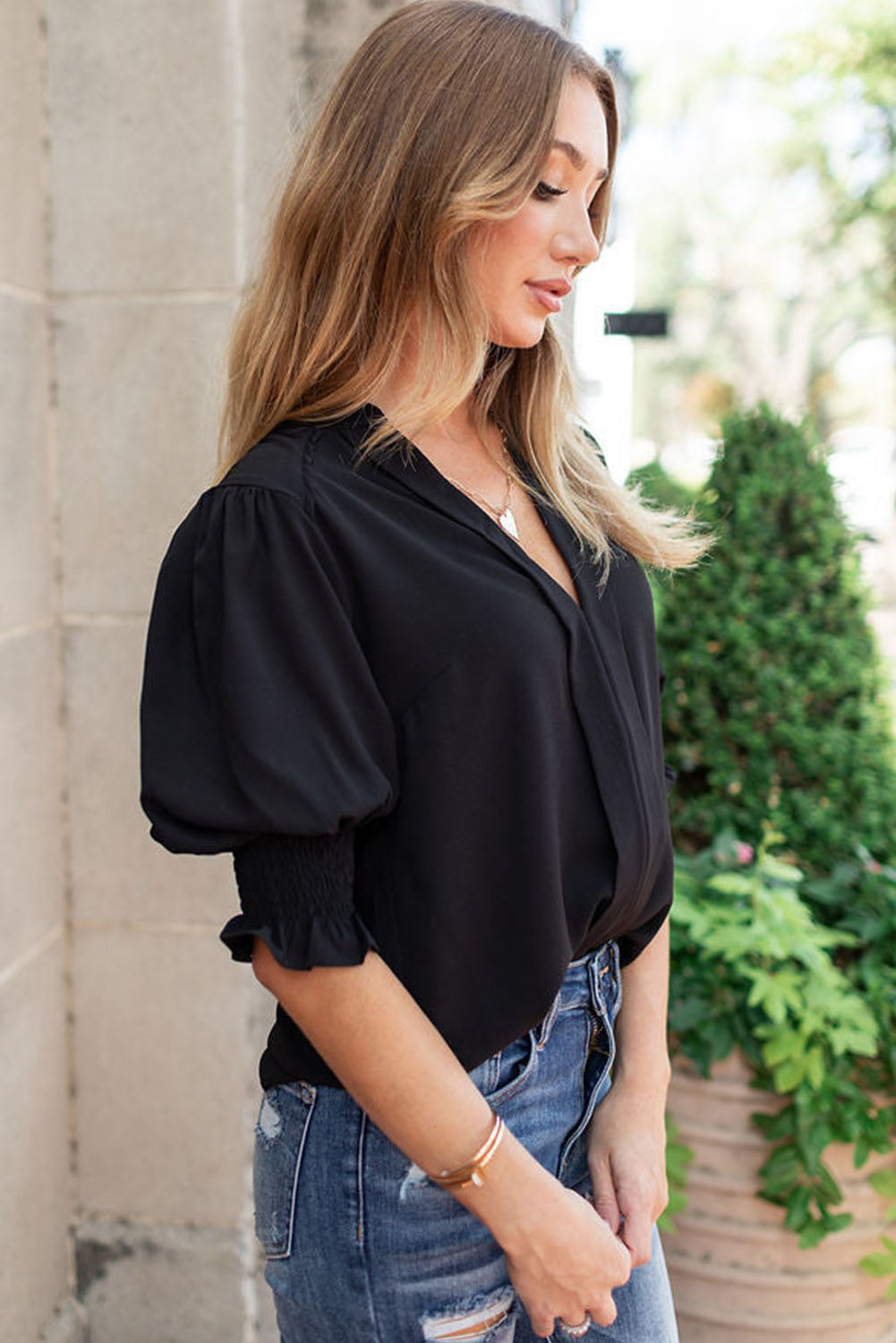 Apricot Solid Puffed Sleeve Shirred V Neck Blouse