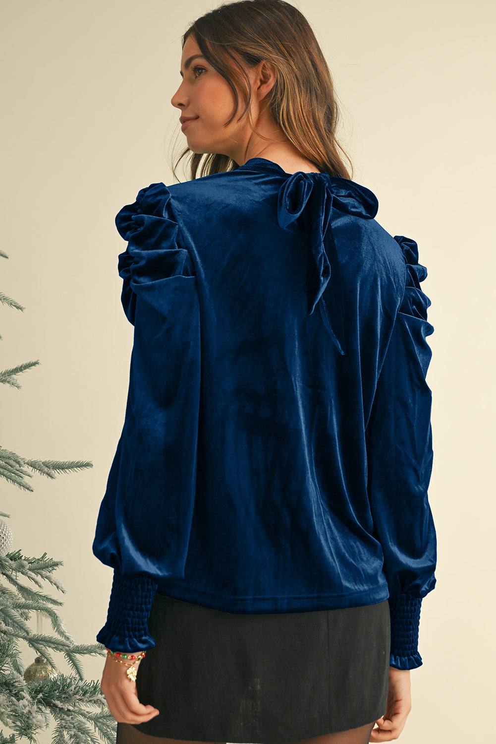 Peach Blossom Mock Keyhole Neck Puff Sleeve Velvet Blouse