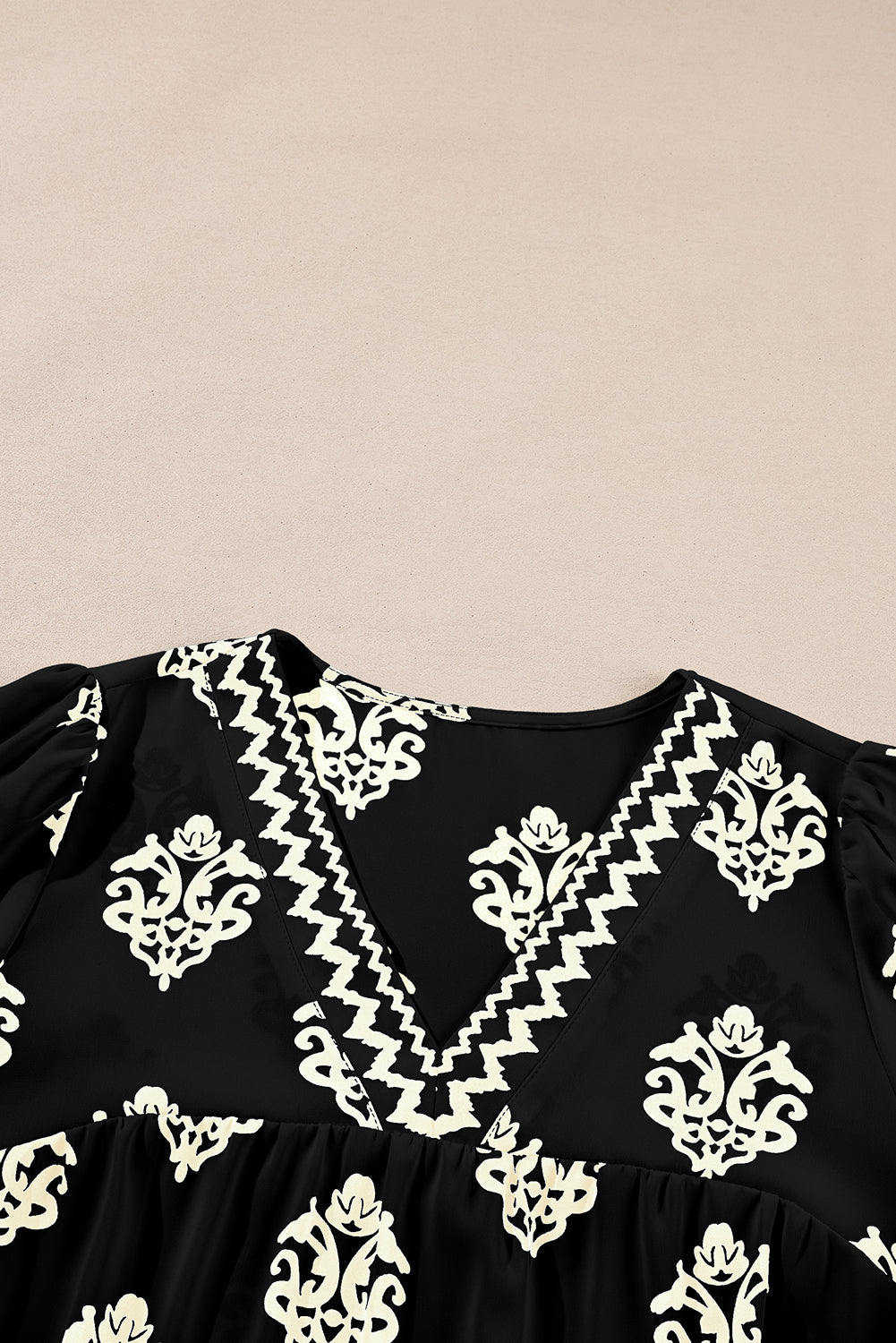 Green Damask Floral Print Contrast V Neck 3/4 Sleeve Blouse - Kustom Kreations Goods