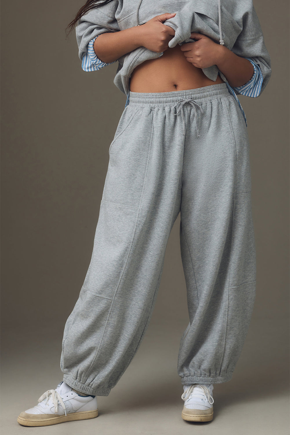 Gray Solid Long Sleeve Hooded Pleated Pocket Pants Set