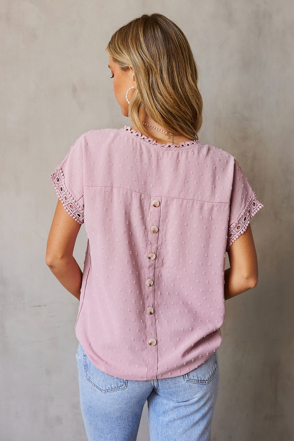 Apricot Swiss Dot Crochet Eyelet Back Button Detail Blouse