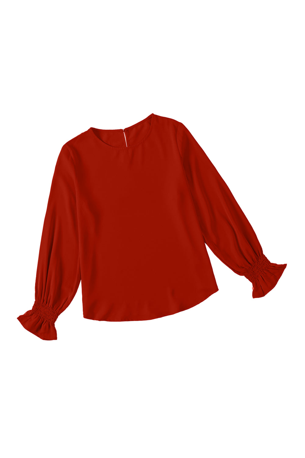 Red Solid Color Pullover Smocked Cuffs Long Sleeve Blouse