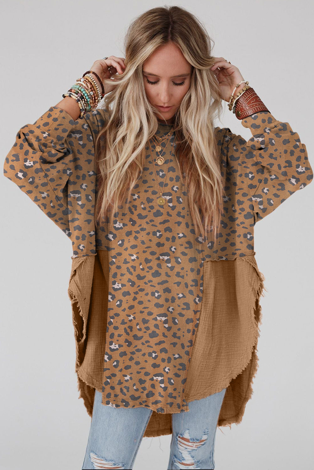 Pink Leopard Patchwork Raw Edge Oversized Top