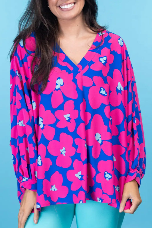 Rose Floral Long Sleeve V Neck Blouse
