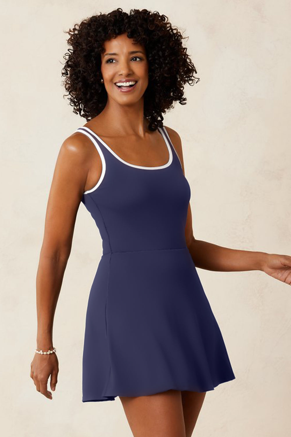 Navy Blue Contrast Edge Ruffled High Waist One Piece Swim Dress - Kustom Kreations Goods