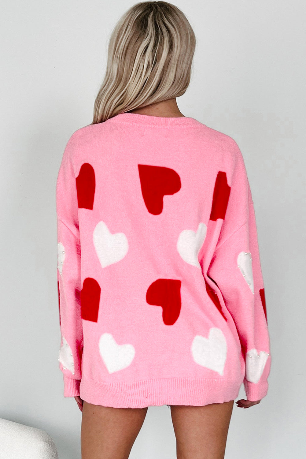 Pink Pearl Embellished Heart Pattern Valentines Day Sweater