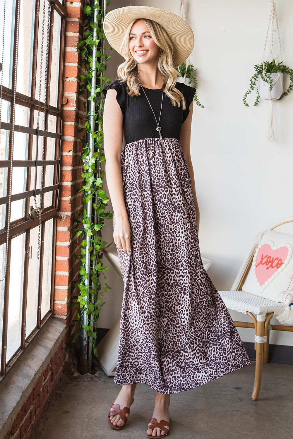 Black Leopard Print Casual Cap Sleeve Pocket Dress
