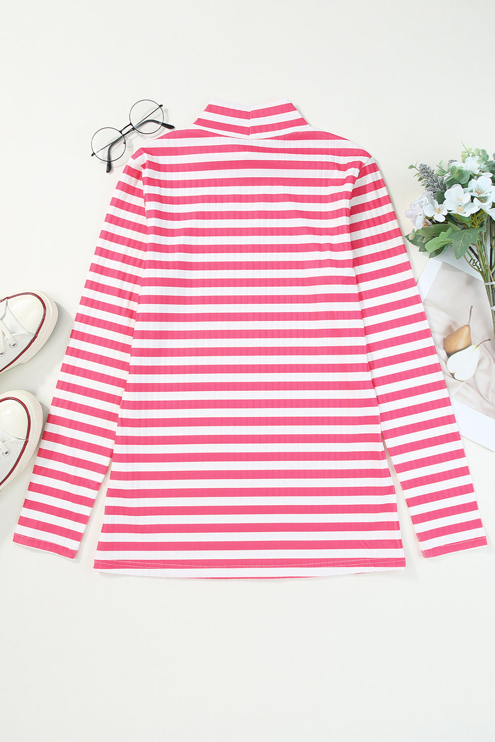 Stripes Print Ribbed Knit Long Sleeve Casual Mock Neck Top