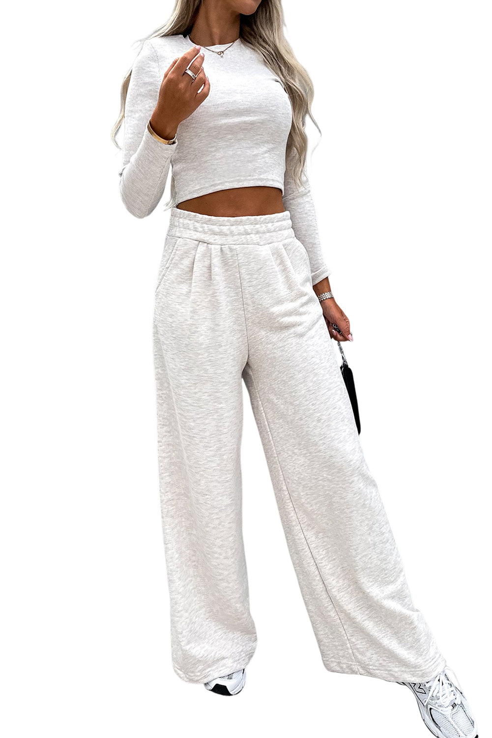 Black Long Sleeve Crop Top And Wide Leg Pants Set - Kustom Kreations Goods