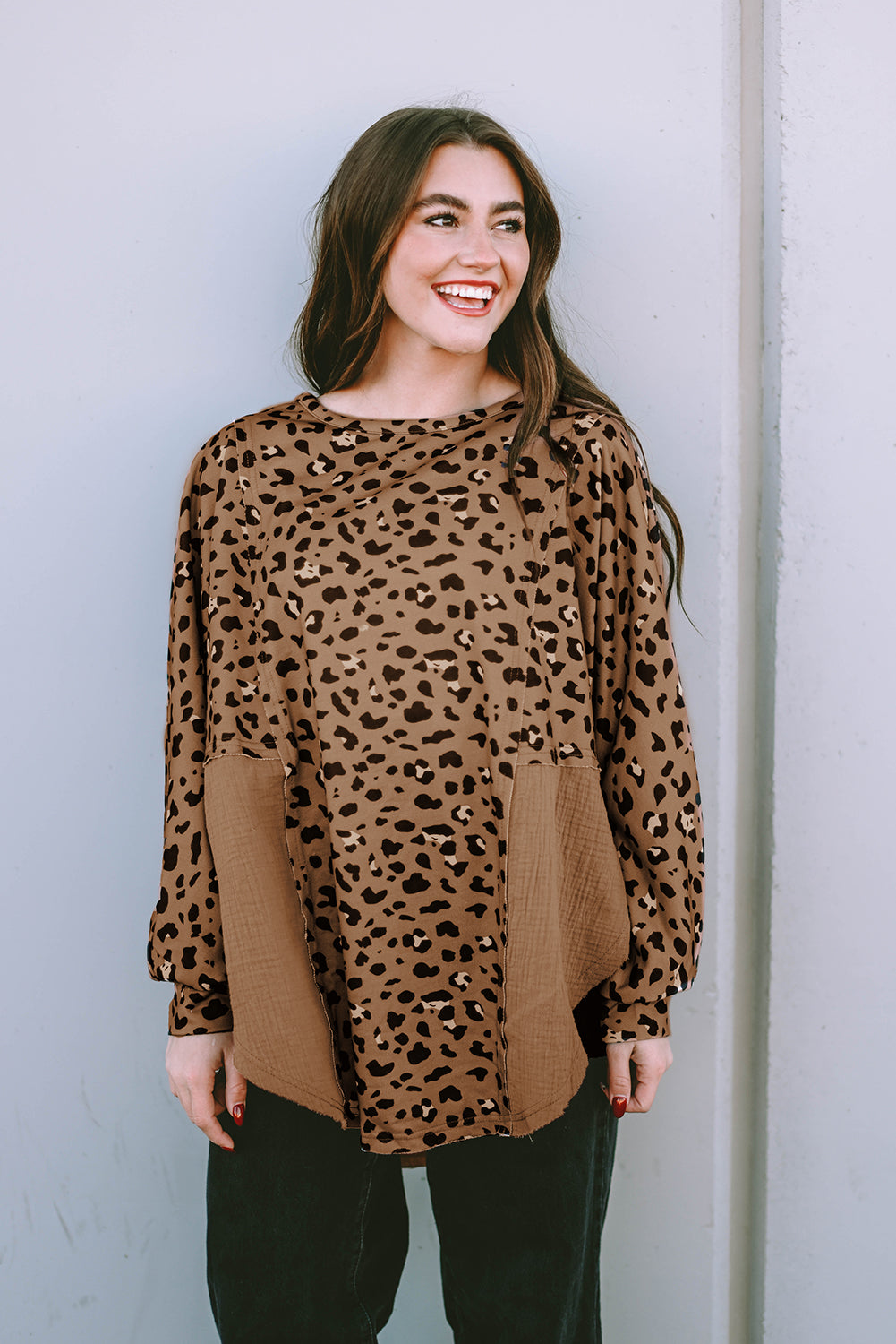 Pink Leopard Patchwork Raw Edge Oversized Top