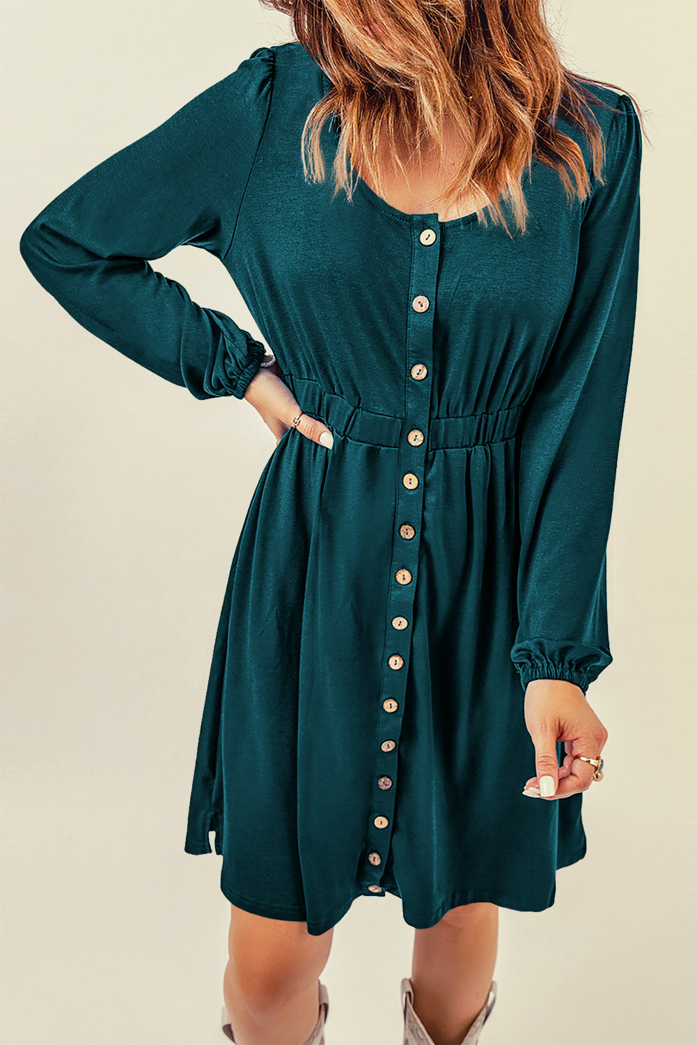 Green Button Up Casual High Waist Long Sleeve Dress
