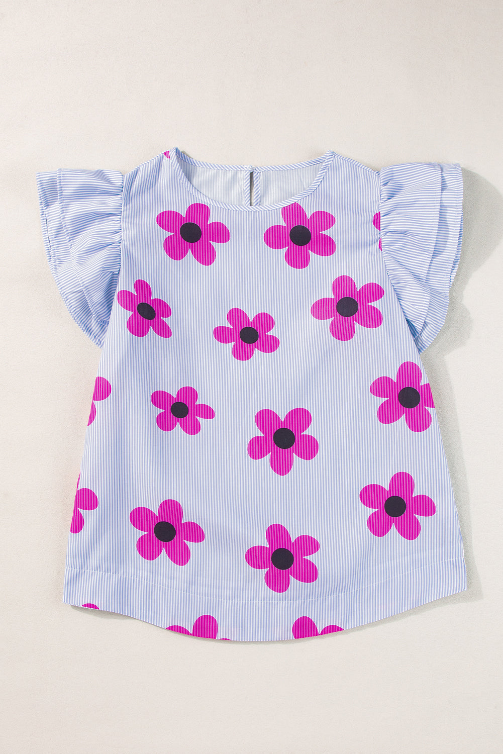Sky Blue Stripe Floral Print Ruffled Flutter Sleeve Blouse