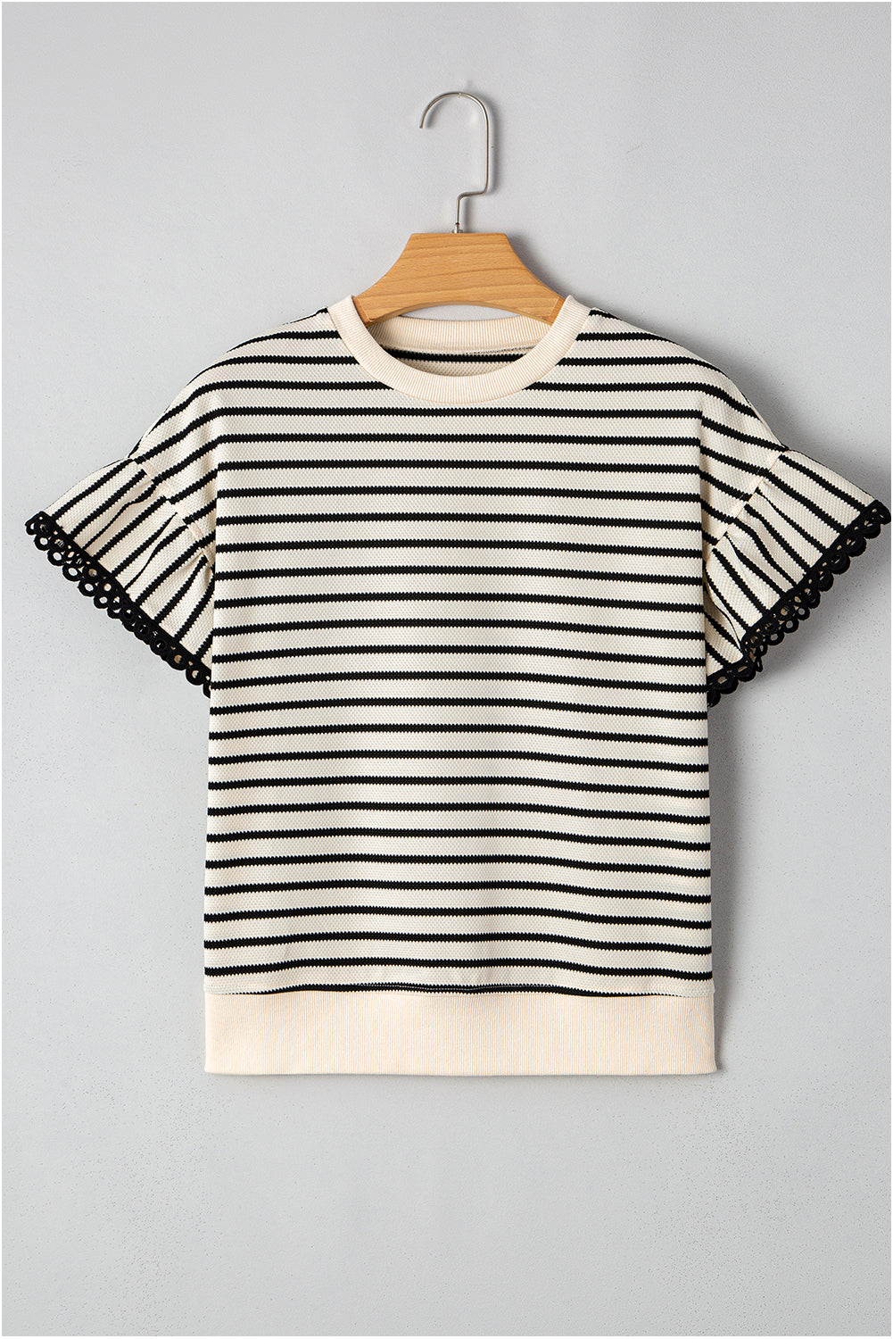 Black Stripe Scallop Lace Trim Ruffle Sleeves Crewneck Top - Kustom Kreations Goods
