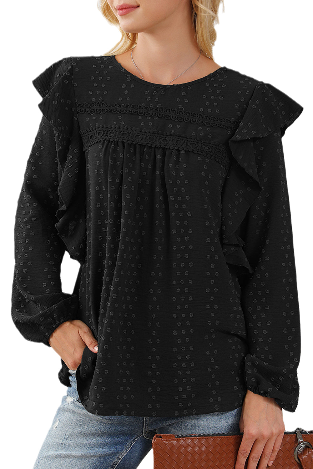 Black Swiss Dot Ruffle Shoulder Long Sleeve Blouse