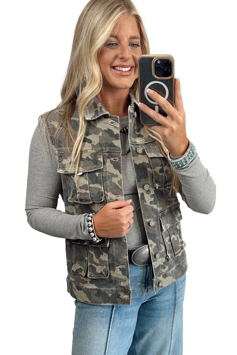 Green Camouflage Print Button Cargo Pocket Button Down Denim Vest