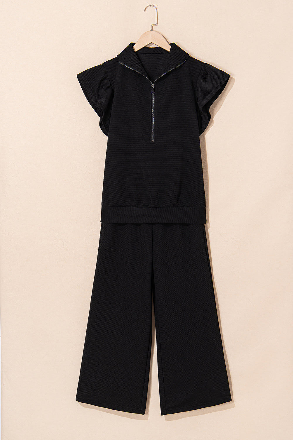 Black Textured Ruffle Sleeve Zipped Top and Wide Leg Pants Set - Kustom Kreations Goods