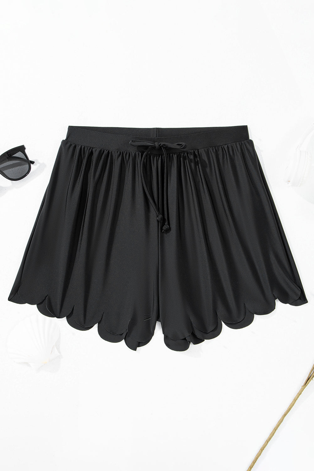 Black Scallop Trim Drawstring Beach Shorts - Kustom Kreations Goods