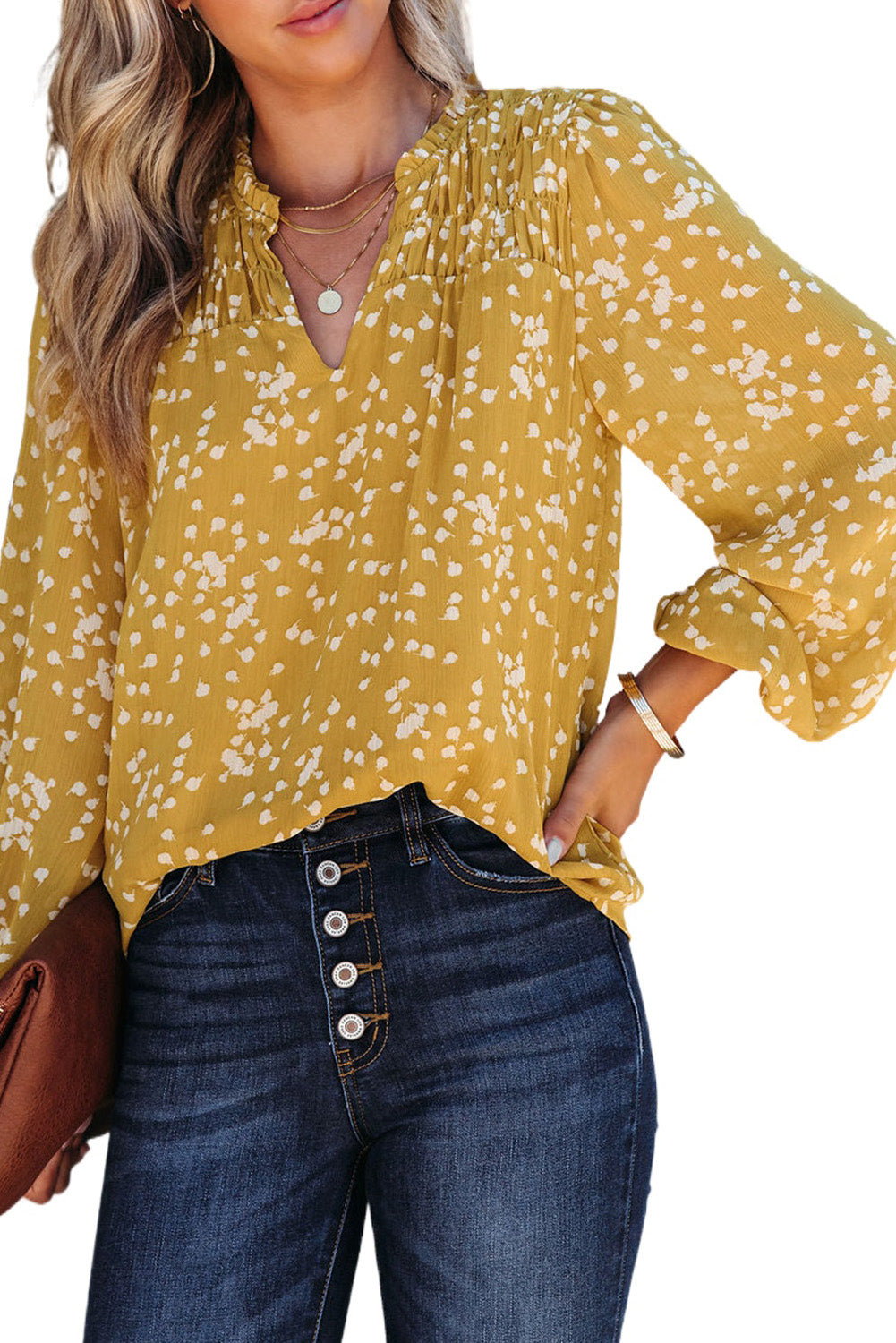 Yellow Frill Split V Neck Boho Crinkled Blouse