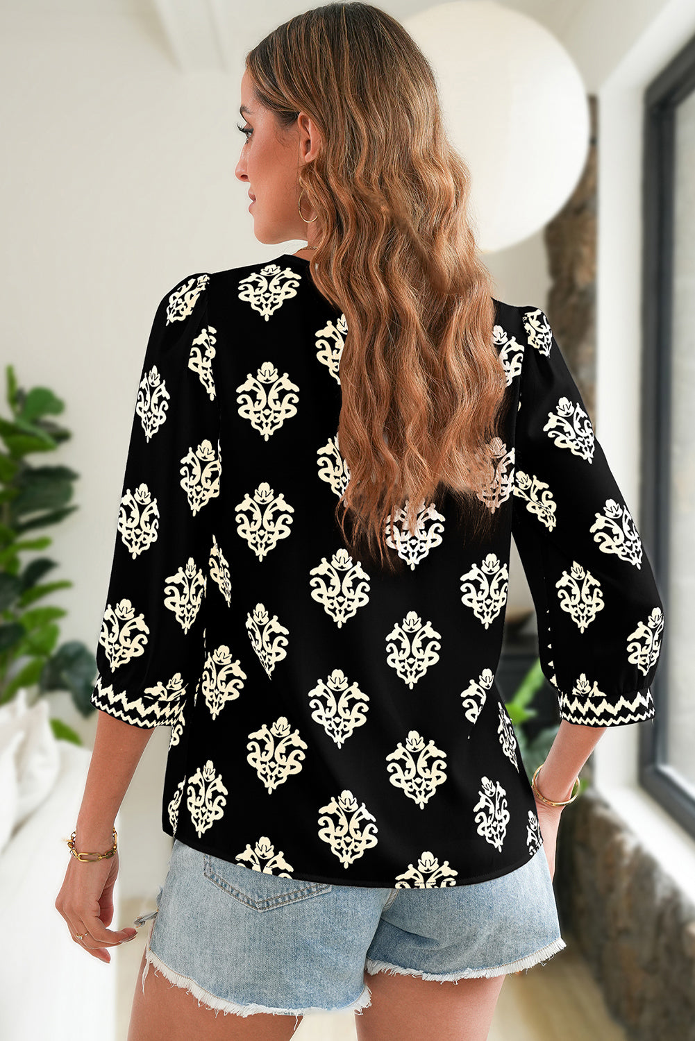 Green Damask Floral Print Contrast V Neck 3/4 Sleeve Blouse - Kustom Kreations Goods
