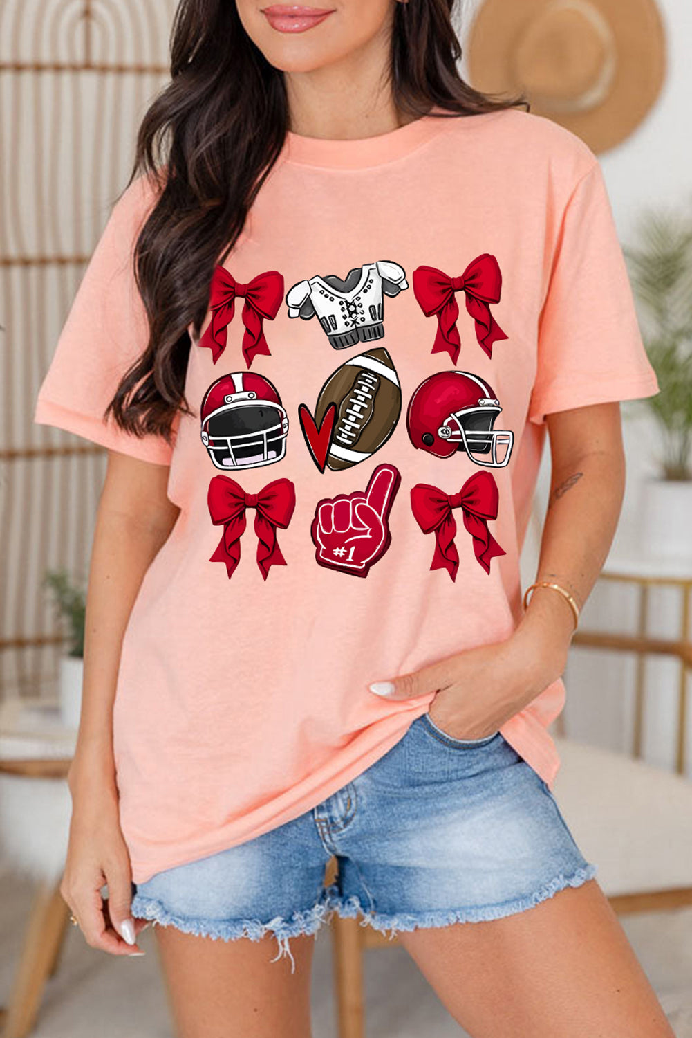 Pink Rugby Cheer Helmet Bow Graphic Tee