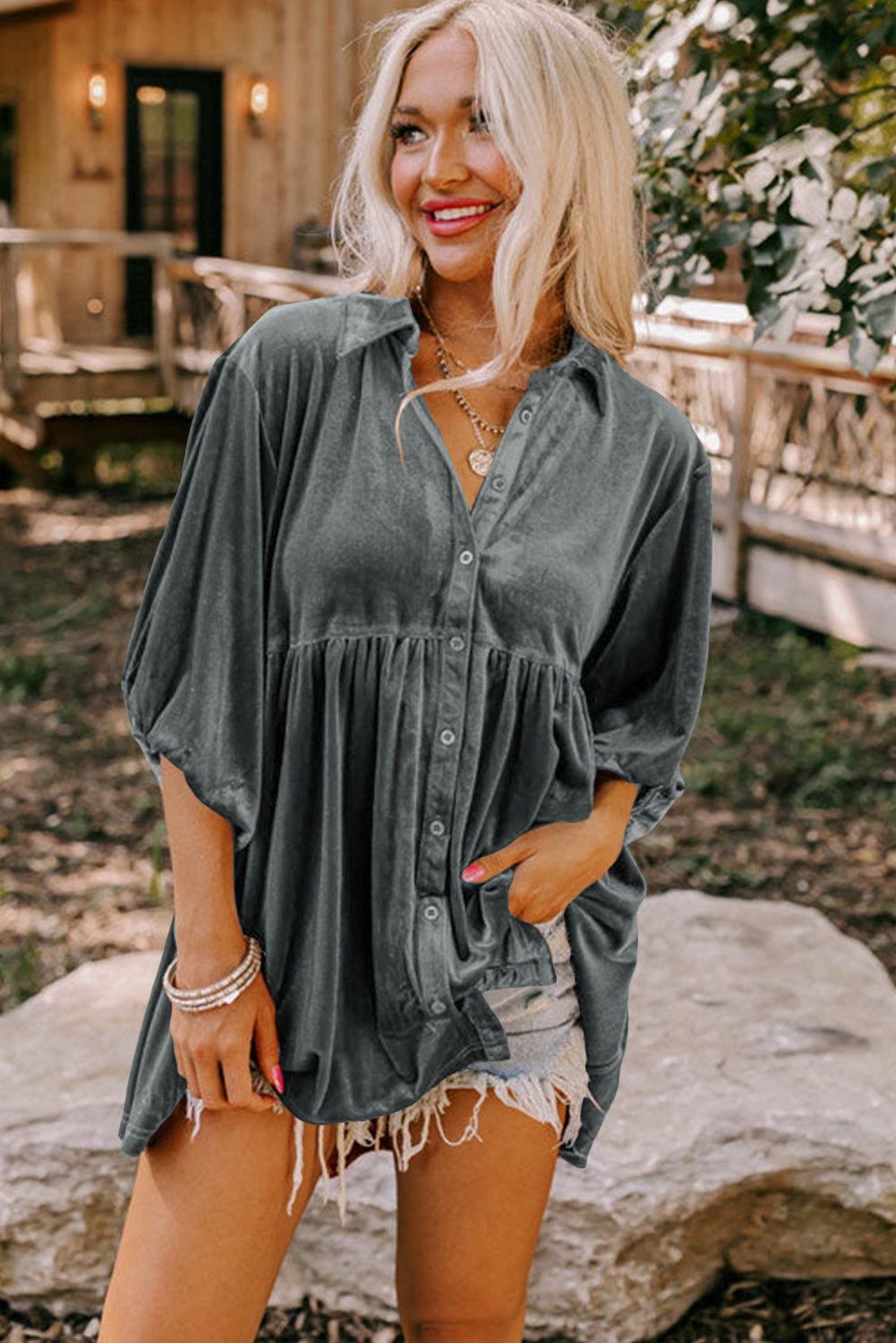 Dark Grey Lantern Sleeve Tunic Babydoll Velvet Shirt