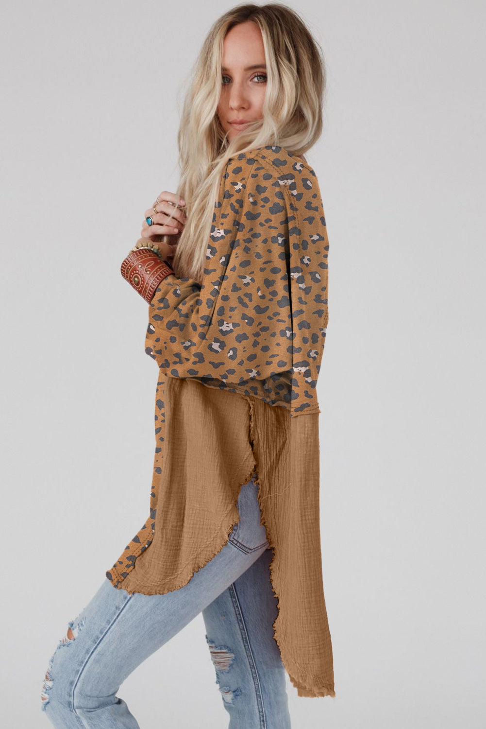 Pink Leopard Patchwork Raw Edge Oversized Top