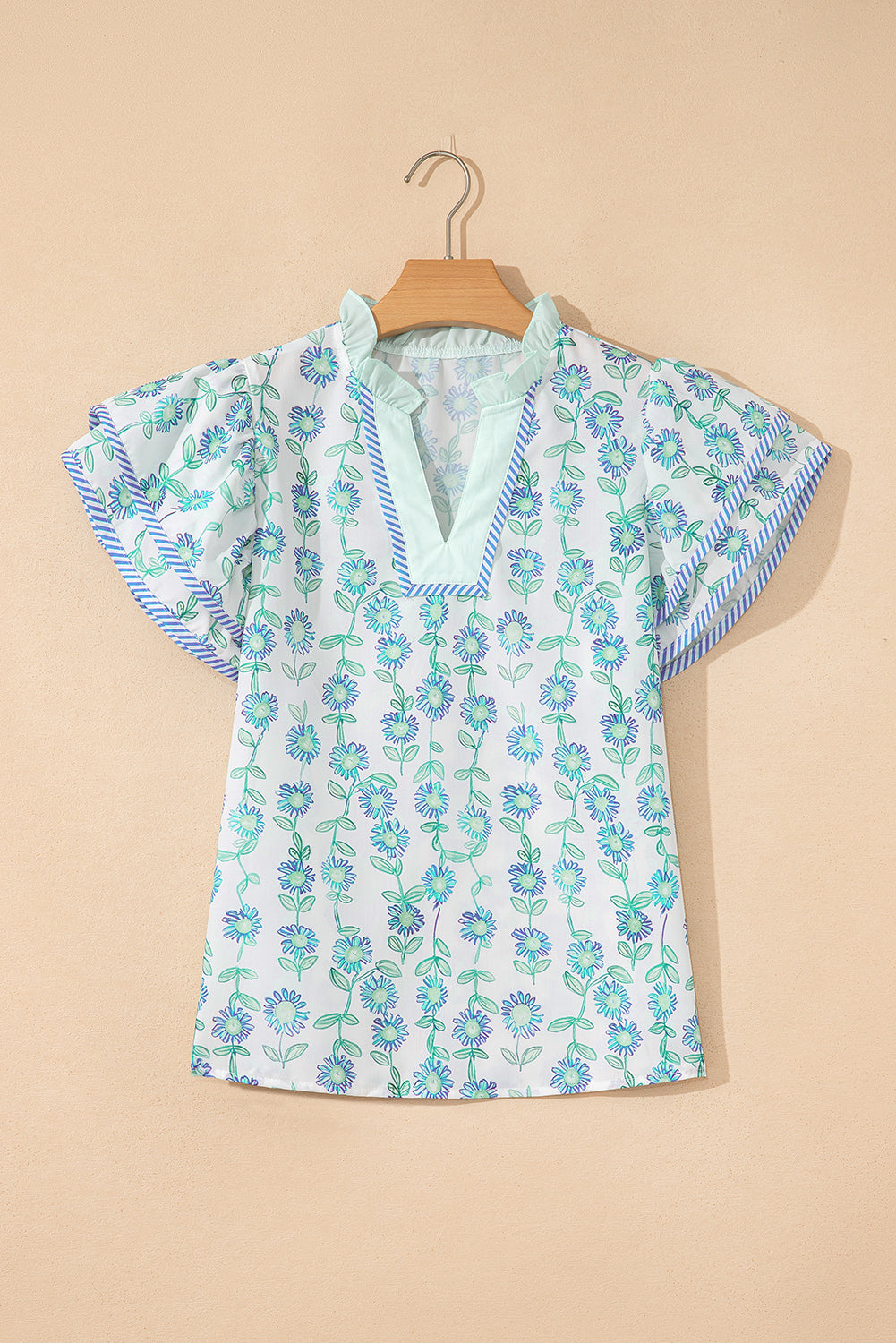 Green Floral Print Striped Trim Contrast V Neck Patchwork Boho Blouse - Kustom Kreations Goods