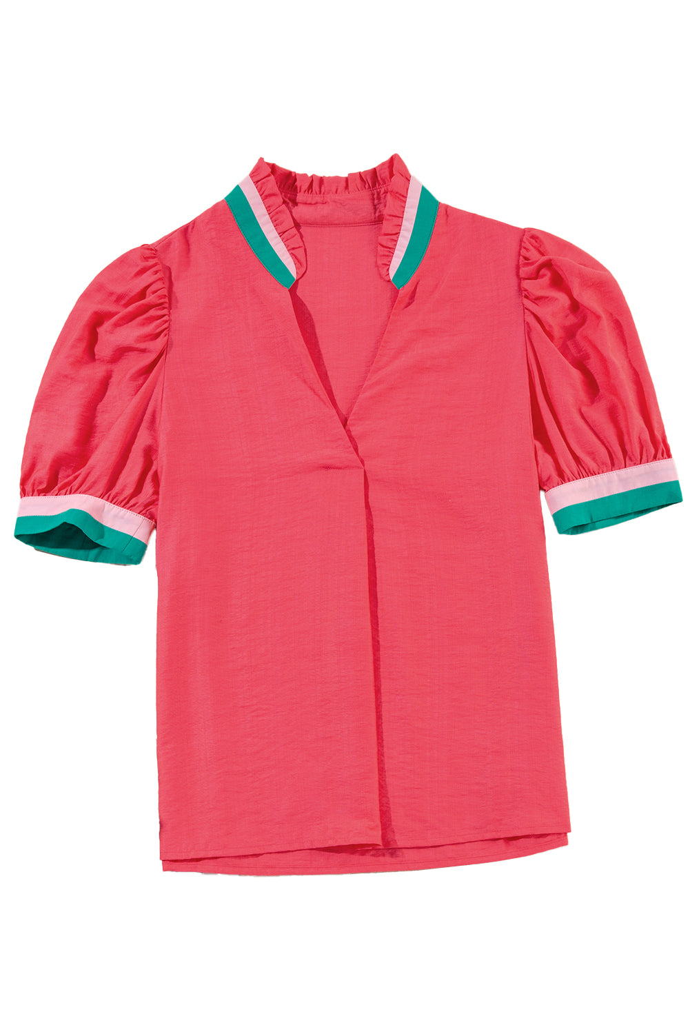 Carrot Colorful Stripe Trim V Neck Puff Sleeve Blouse
