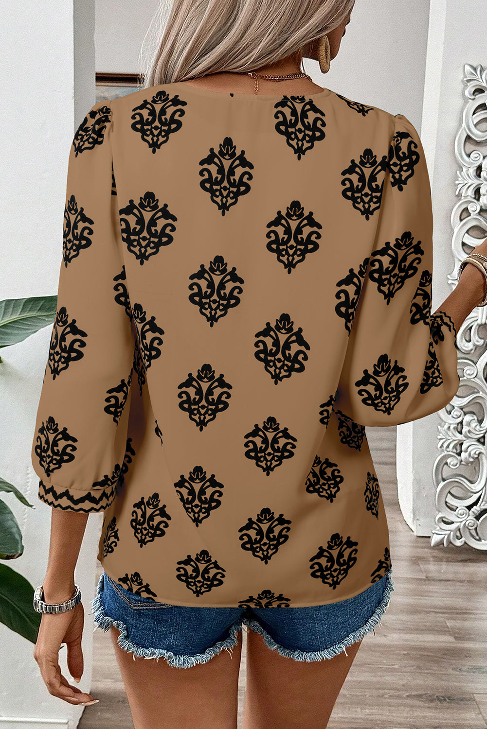 Green Damask Floral Print Contrast V Neck 3/4 Sleeve Blouse - Kustom Kreations Goods