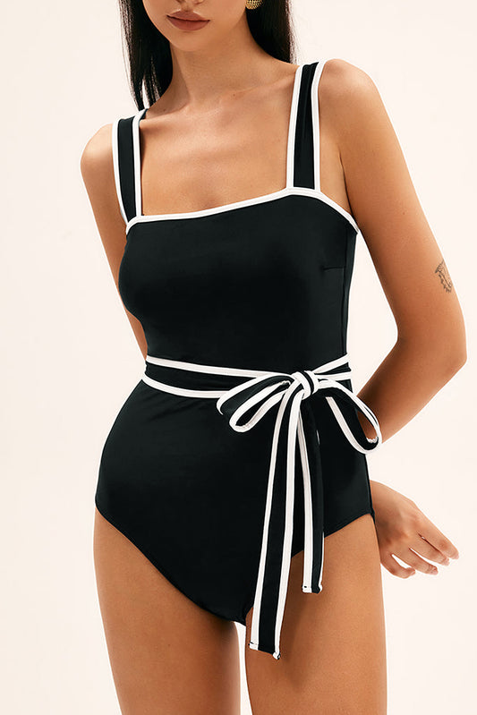 Black Contrast Edge Belted One Piece Swimsuit - Kustom Kreations Goods