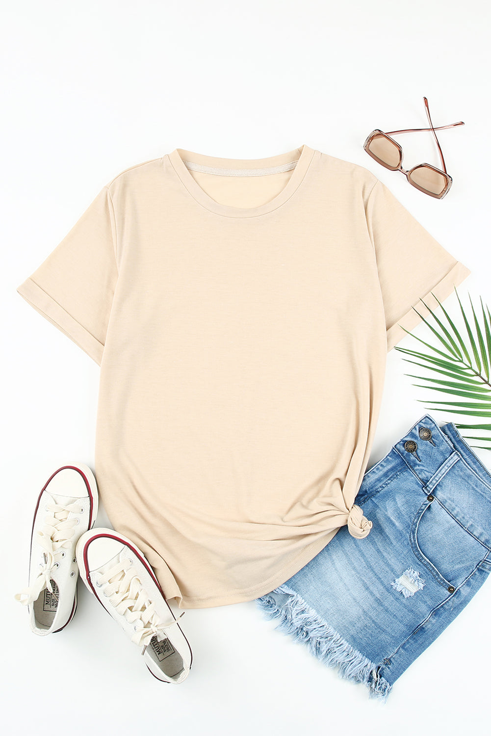 Green Plain Solid Color Crew Neck Tee