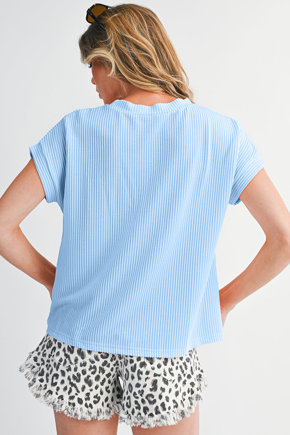 Dark Blue Corded Knit Color Block Pocketed Crew Neck T Shirt