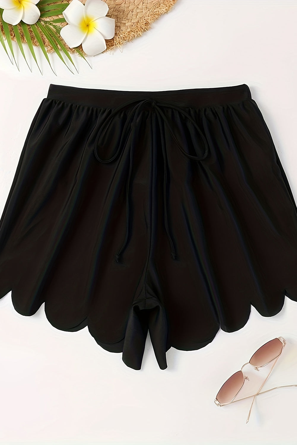 Black Scallop Trim Drawstring Beach Shorts - Kustom Kreations Goods
