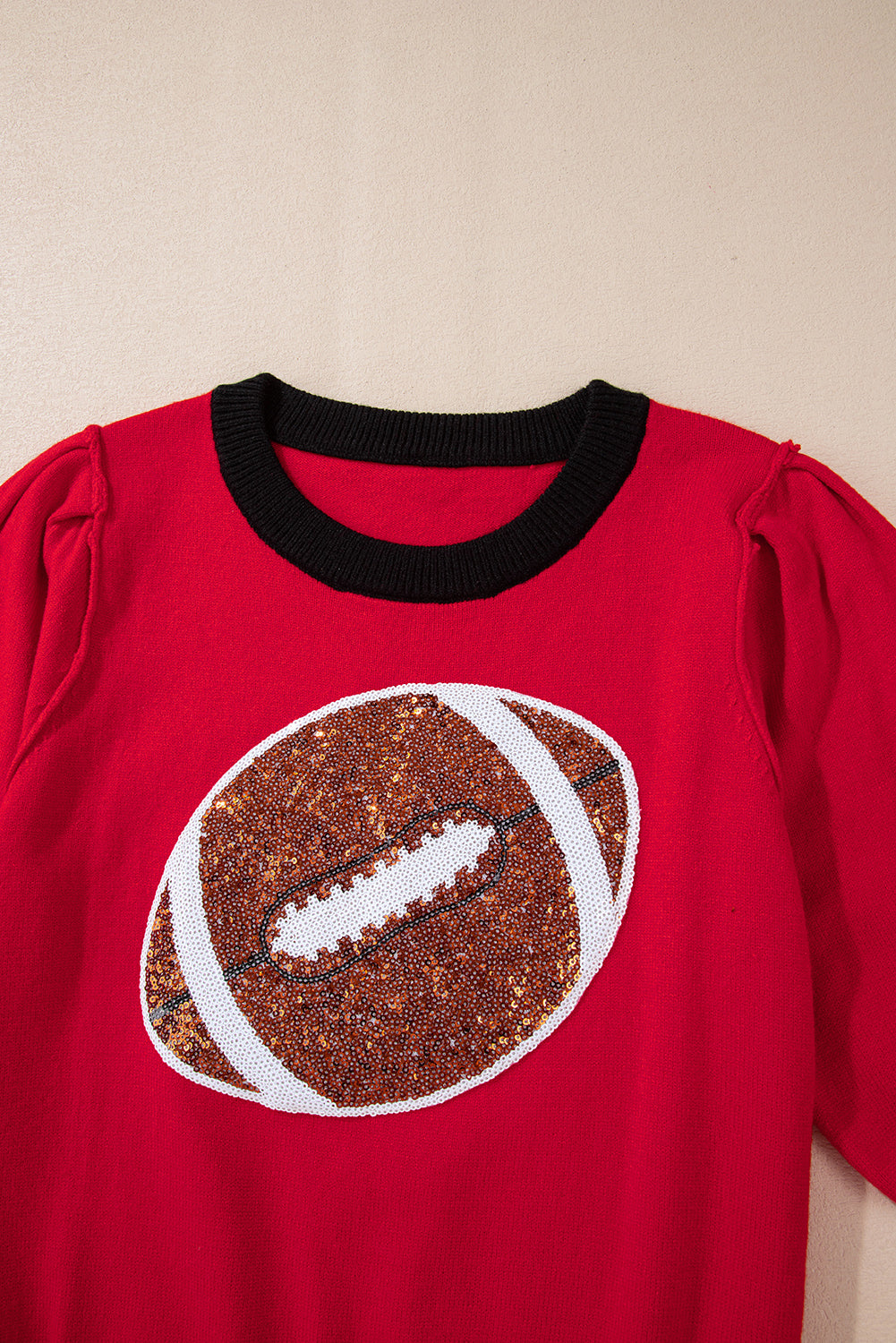 Red Sequin Rugby Color Block Puff Sleeve Knit Top