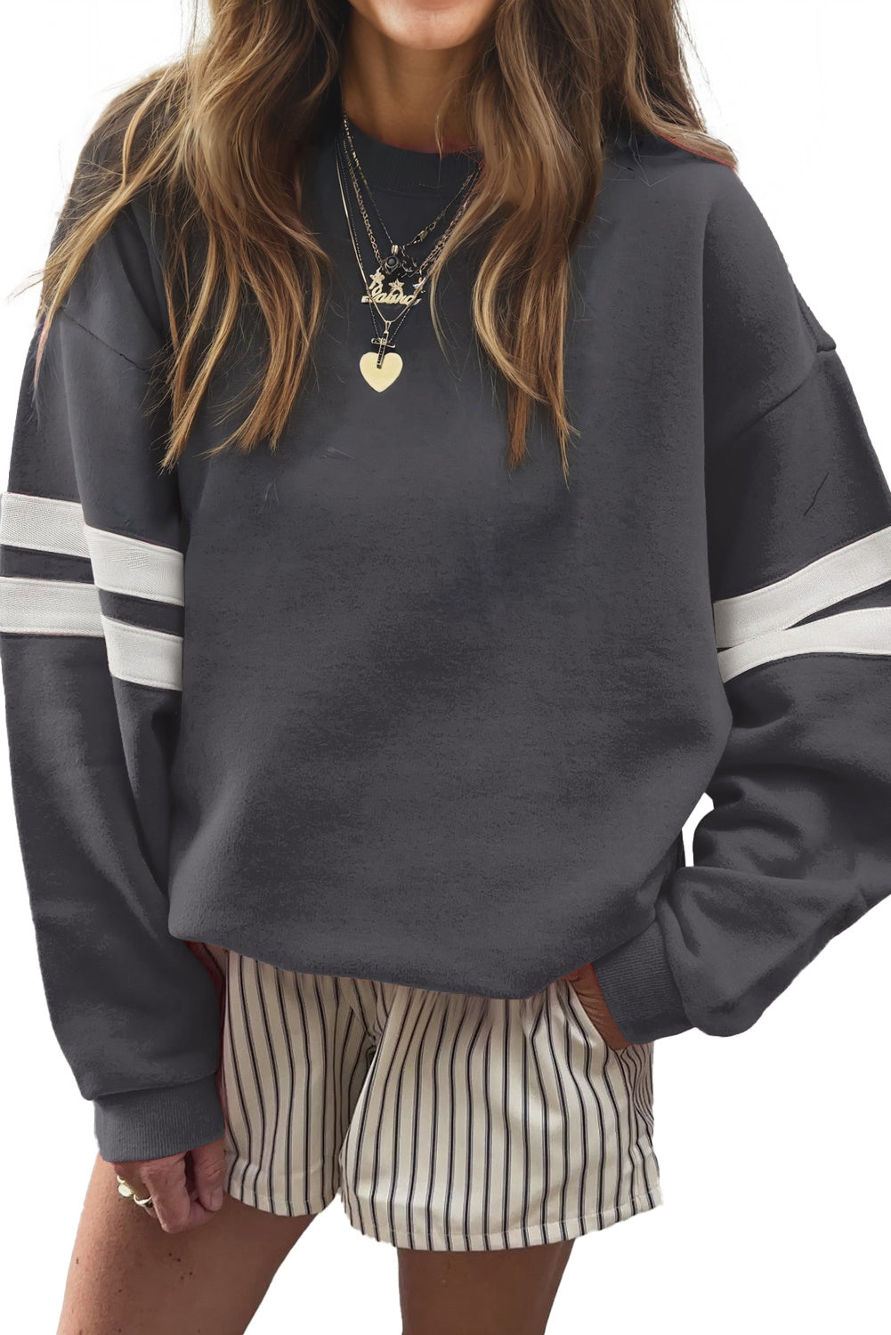 Fiery Red Preppy Striped Sleeve Loose Sweatshirt