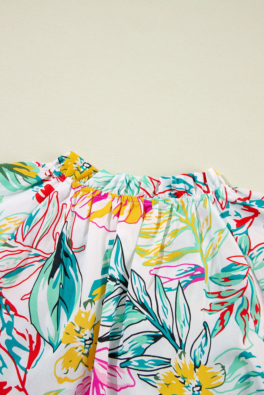White Tropical Plant Print Tie Neck Ruffle Blouse