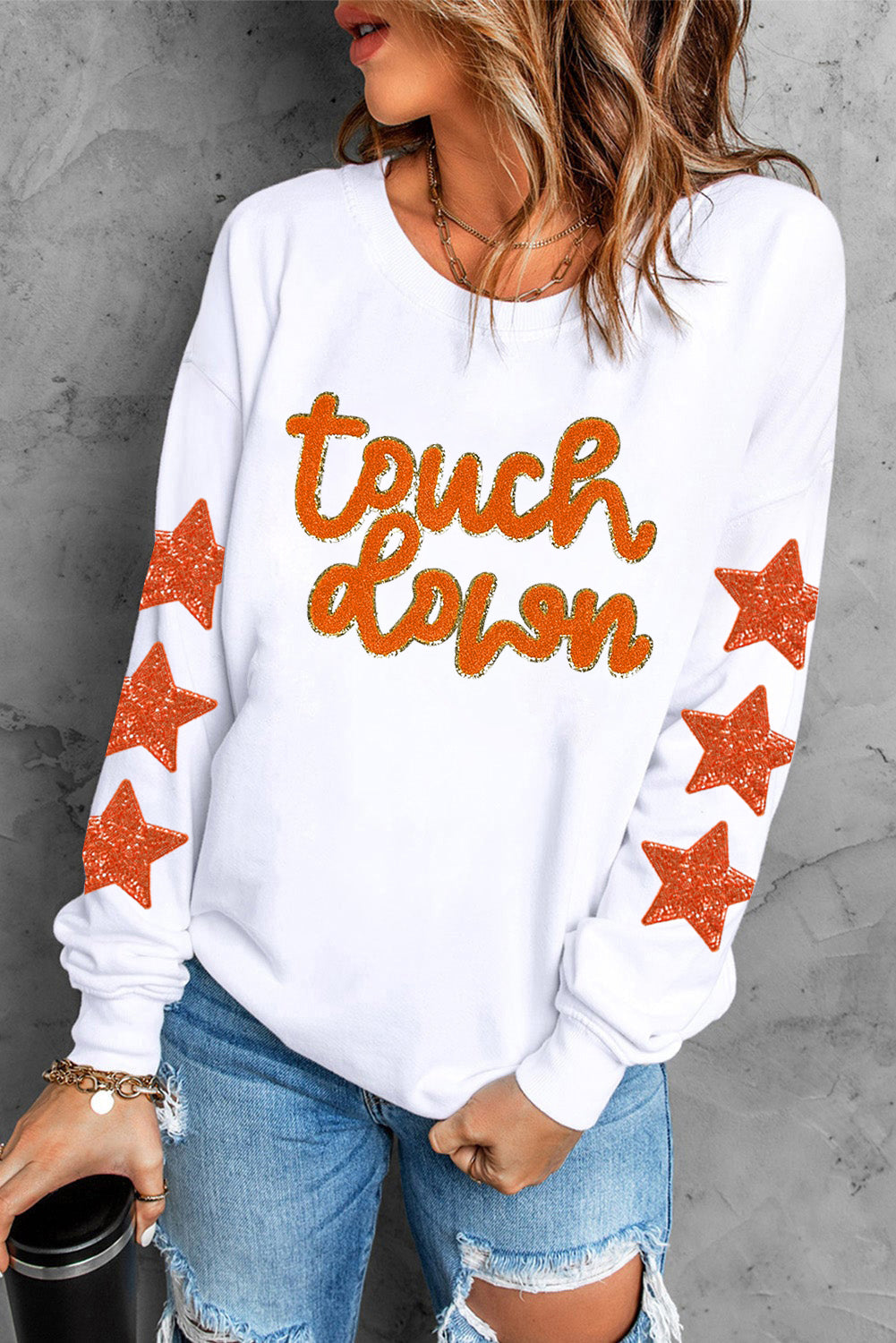 Beige Glittering Touch Down Patched Pattern Star Sleeve Sweatshirt - Kustom Kreations Goods