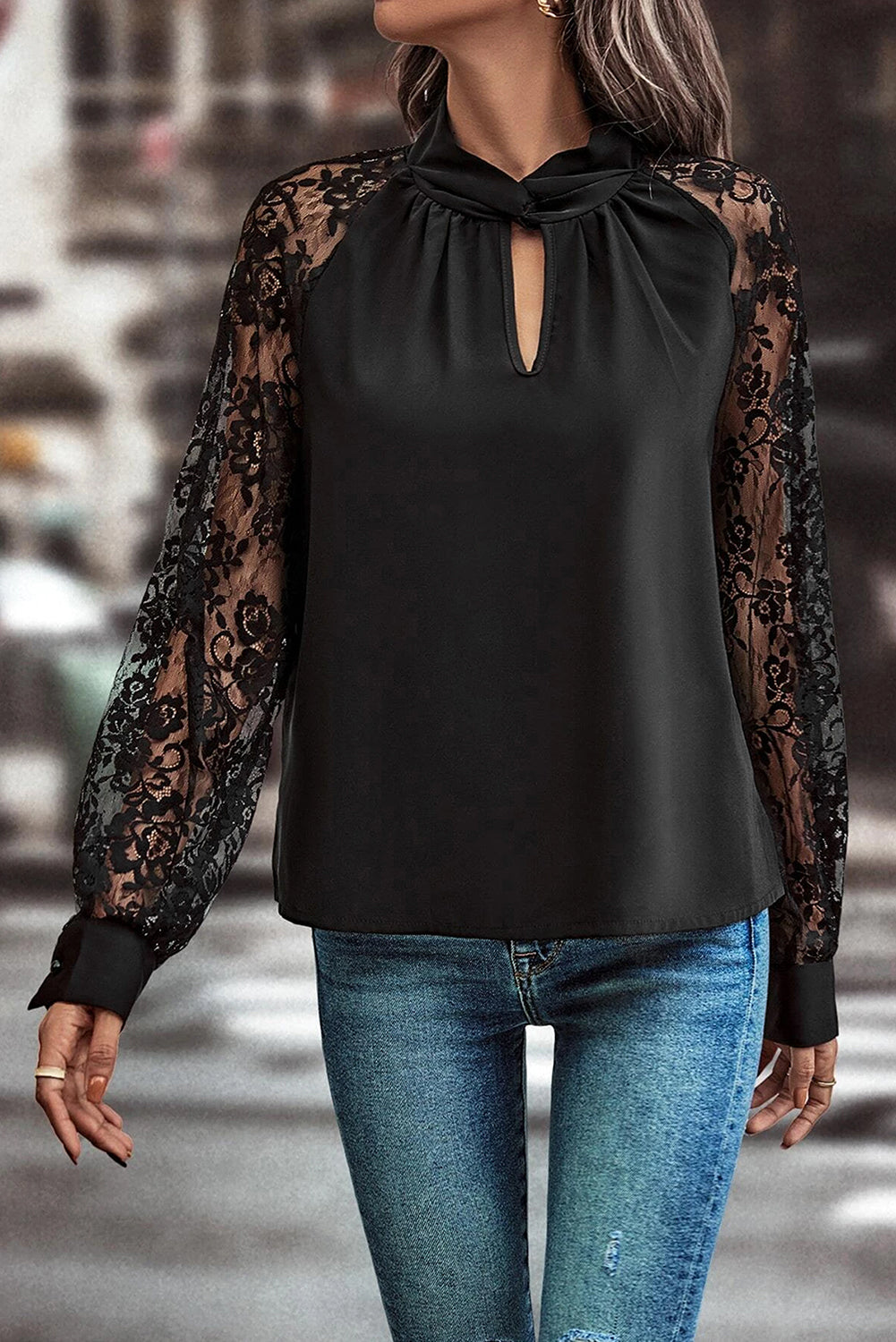 Black Keyhole Neckline Lace Splicing Raglan Sleeve Blouse - Kustom Kreations Goods