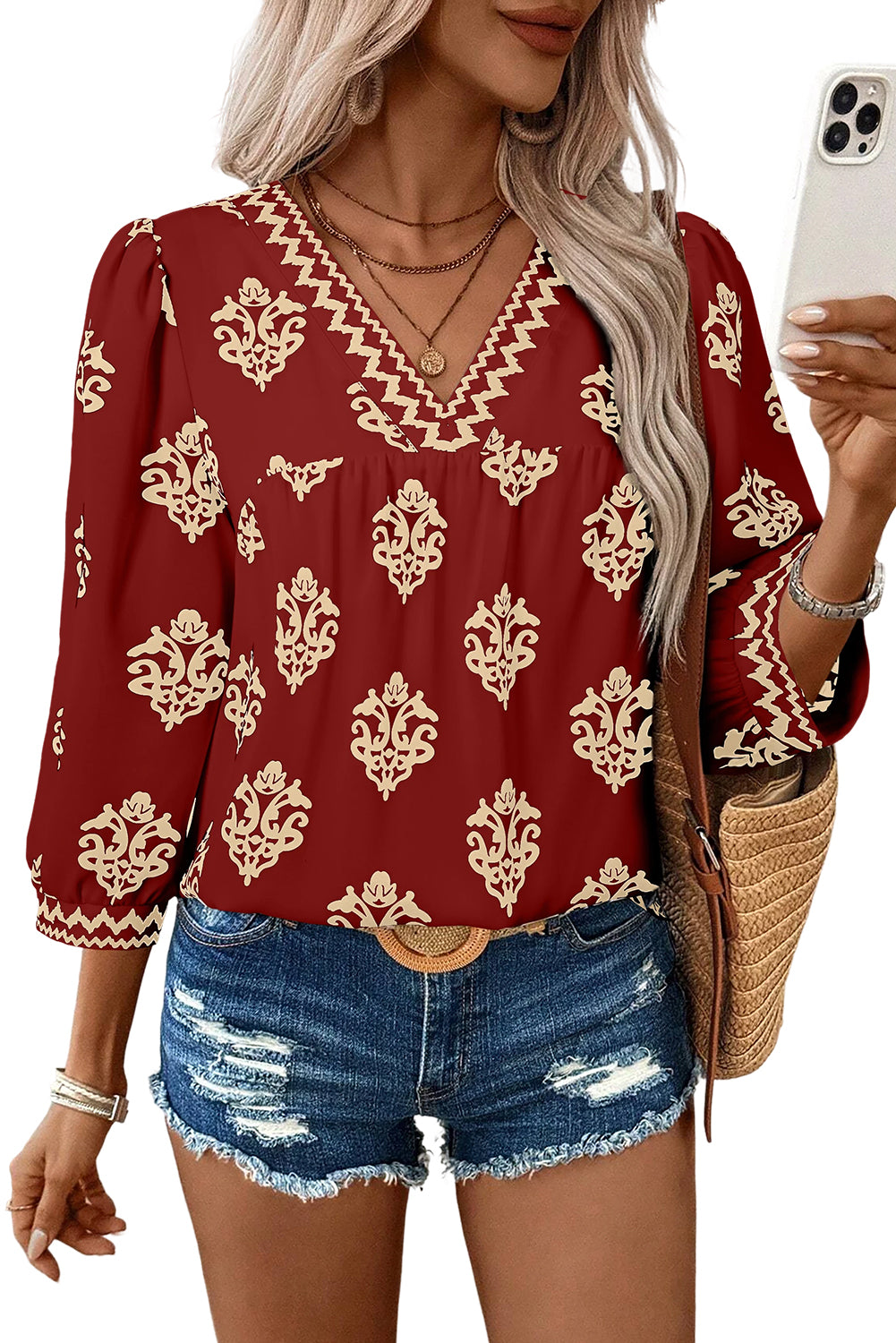 Green Damask Floral Print Contrast V Neck 3/4 Sleeve Blouse - Kustom Kreations Goods