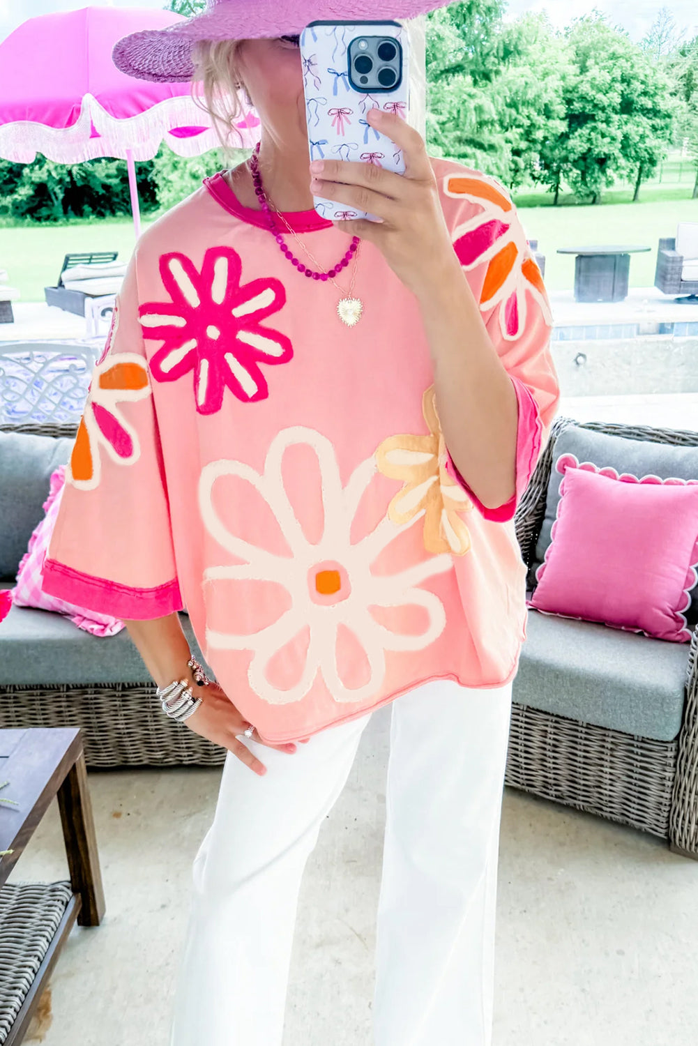 Pink Floral Patchwork Round Neck Blouse