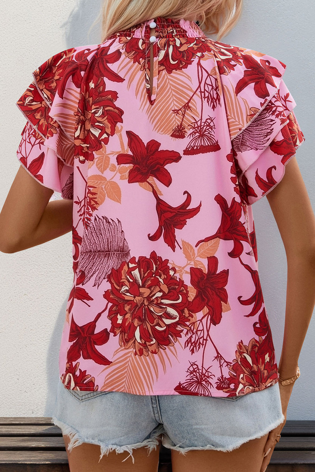 Pink Ruffle Layered Sleeve Smocked Keyhole Neck Blouse