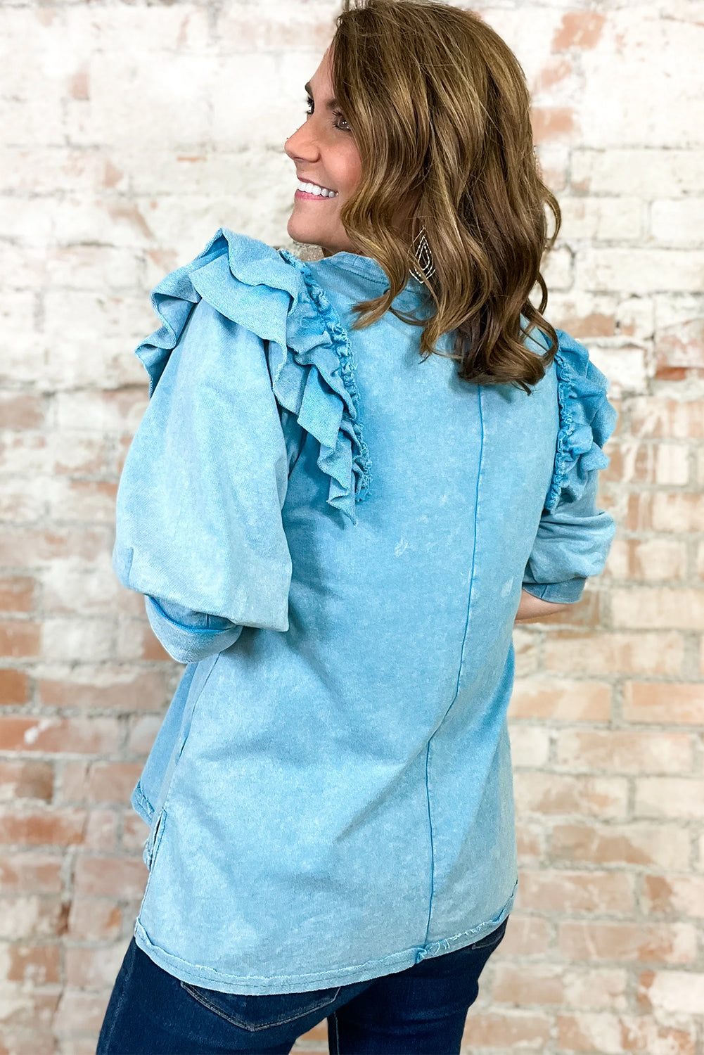 Light Blue Frill Detail Puff Sleeve Plain Blouse