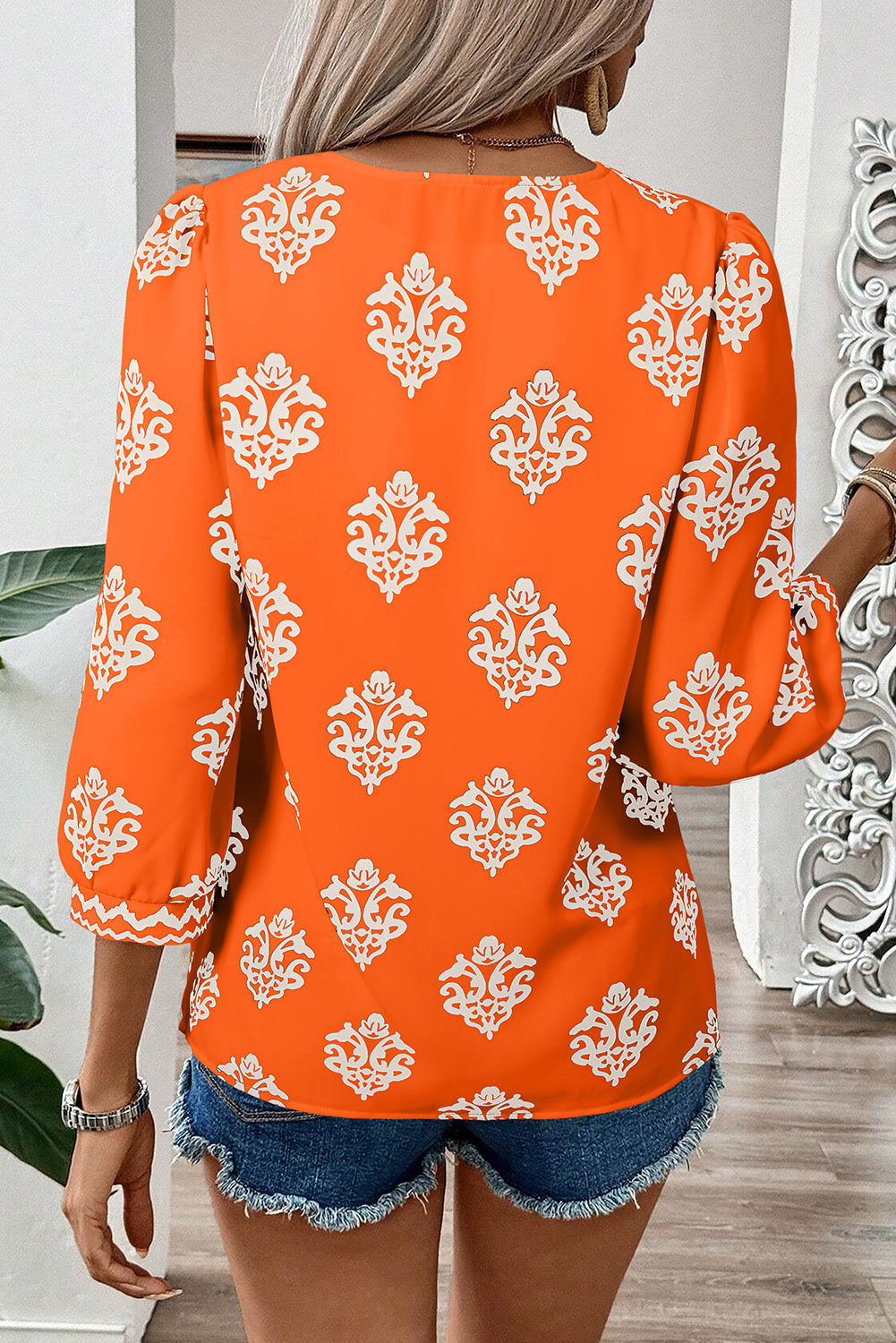 Green Damask Floral Print Contrast V Neck 3/4 Sleeve Blouse - Kustom Kreations Goods
