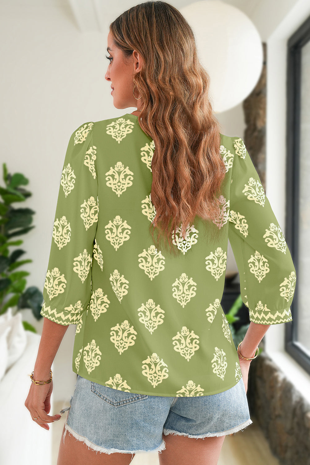 Green Damask Floral Print Contrast V Neck 3/4 Sleeve Blouse - Kustom Kreations Goods