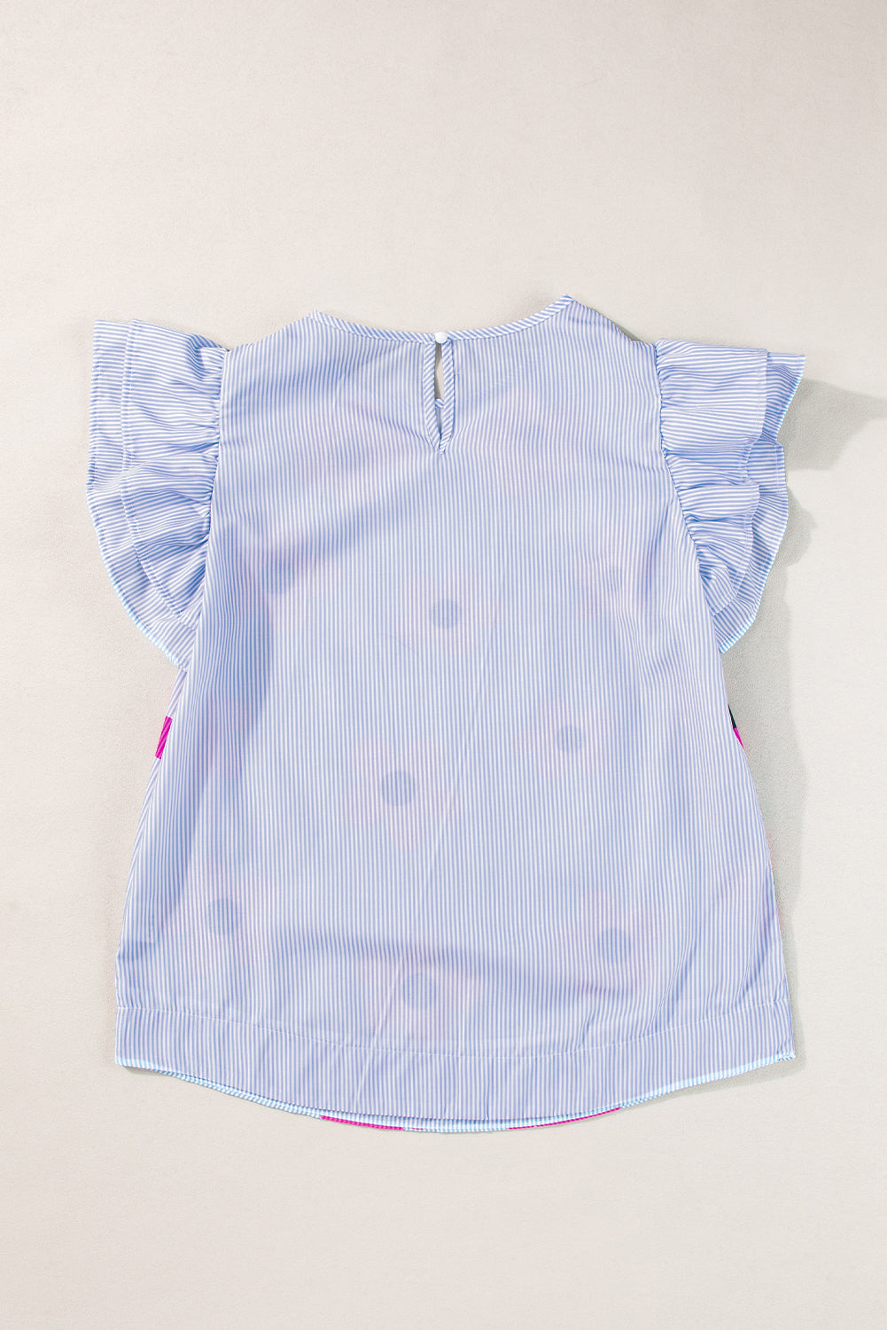 Sky Blue Stripe Floral Print Ruffled Flutter Sleeve Blouse