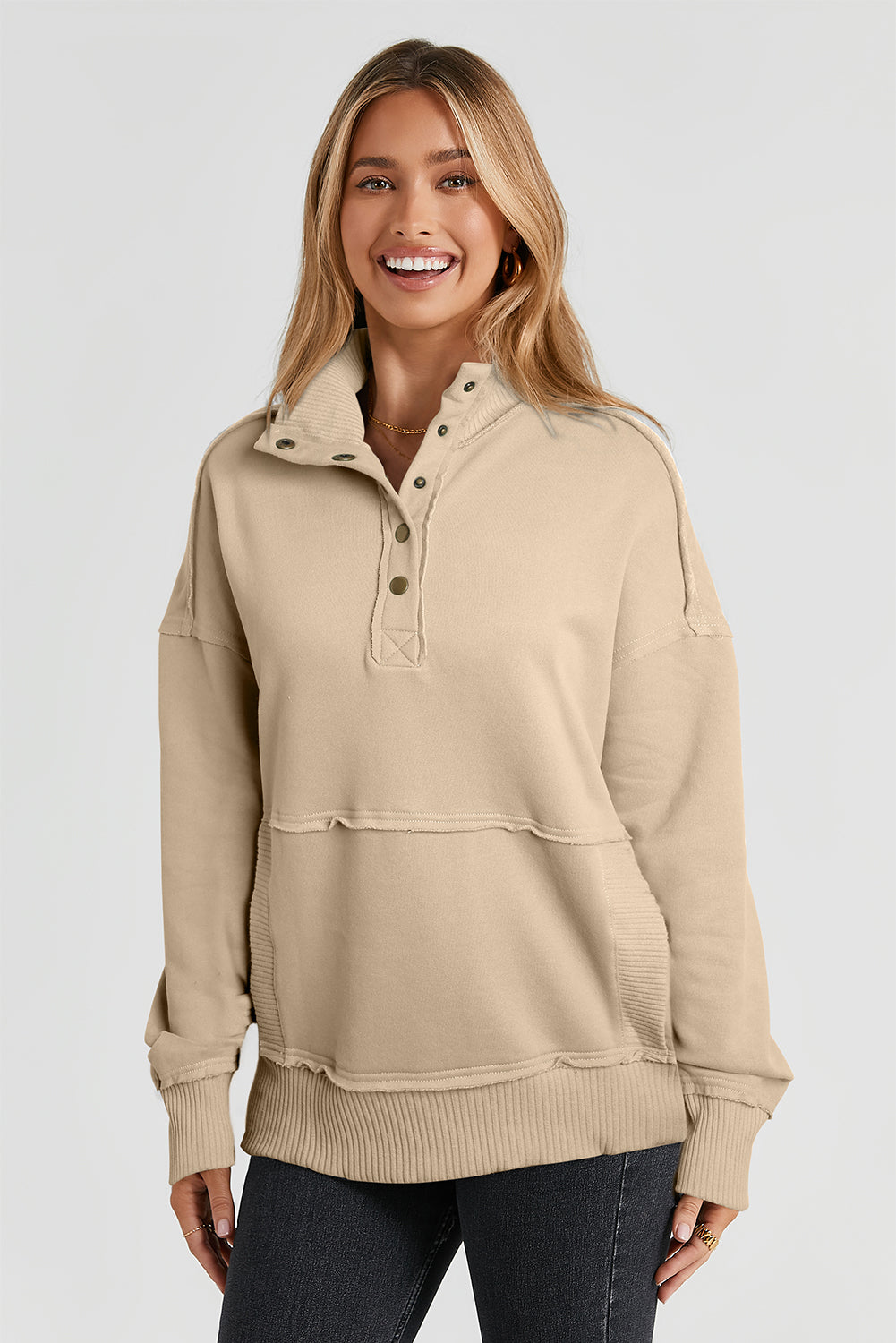 Gray Ribbed Trim Snap Button Collar Kangaroo Pocket Sweatshirt