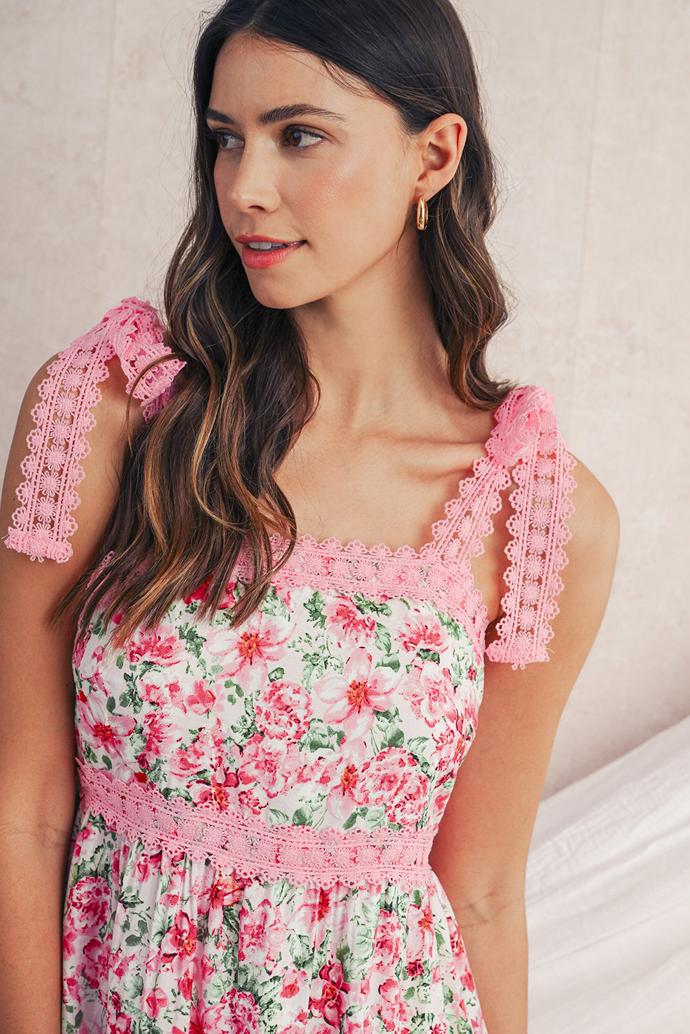 Green Floral Lace Tied Strap Empire Waist Maxi Dress