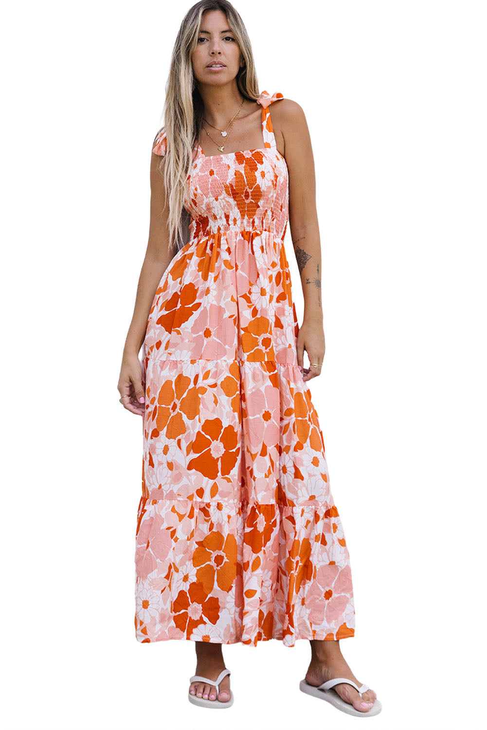 Orange Floral Print Boho Smocked Maxi Dress