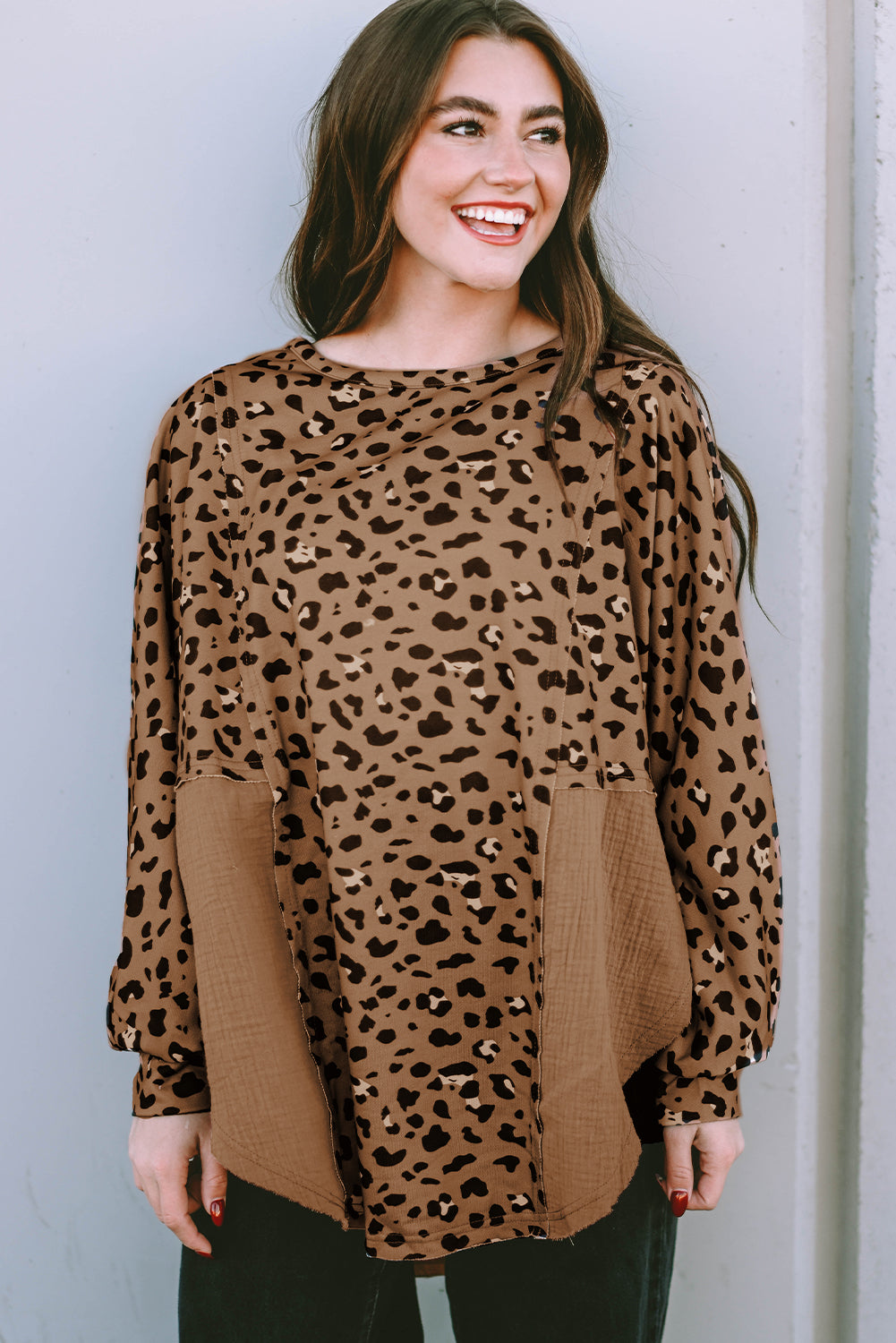 Pink Leopard Patchwork Raw Edge Oversized Top