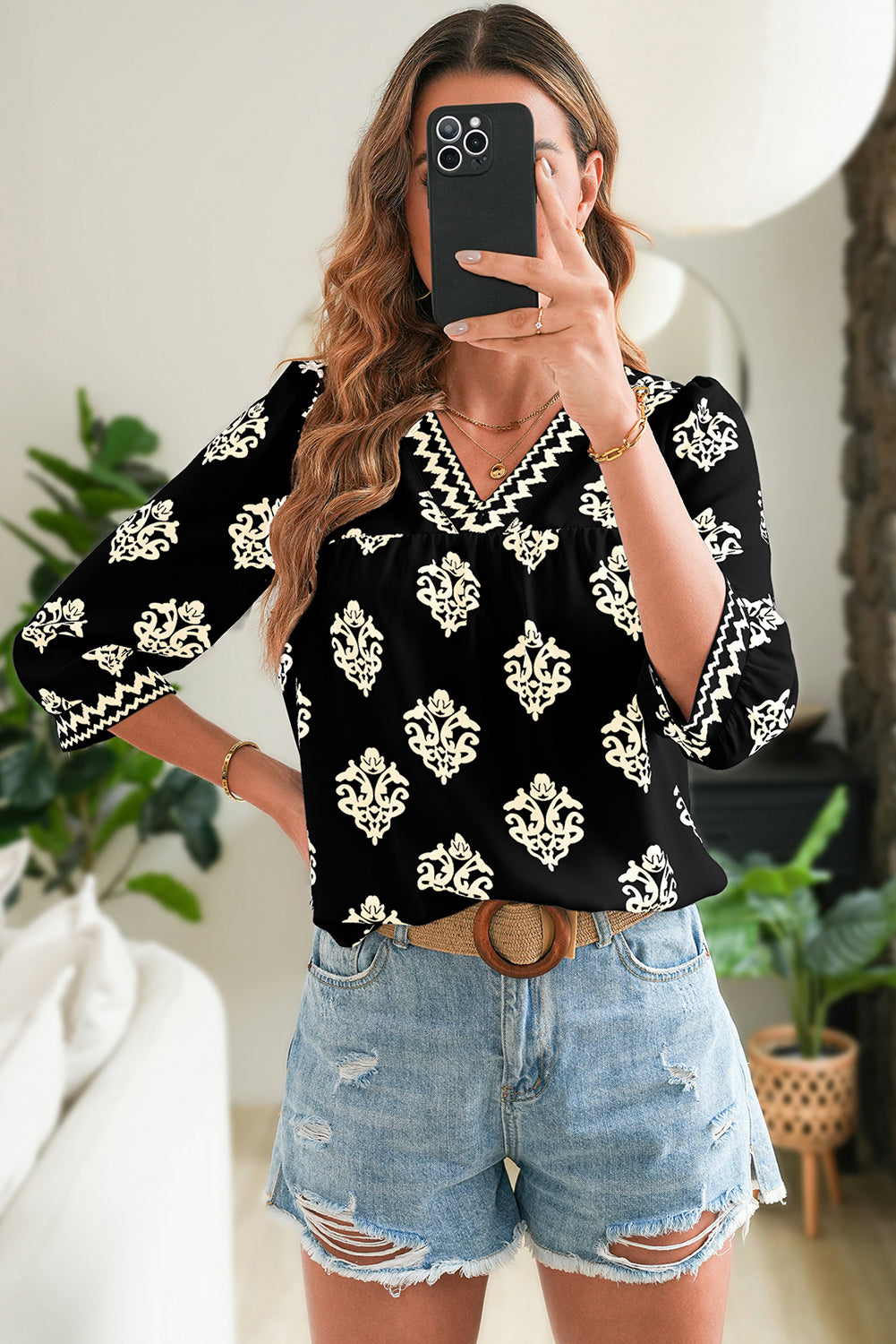 Green Damask Floral Print Contrast V Neck 3/4 Sleeve Blouse - Kustom Kreations Goods